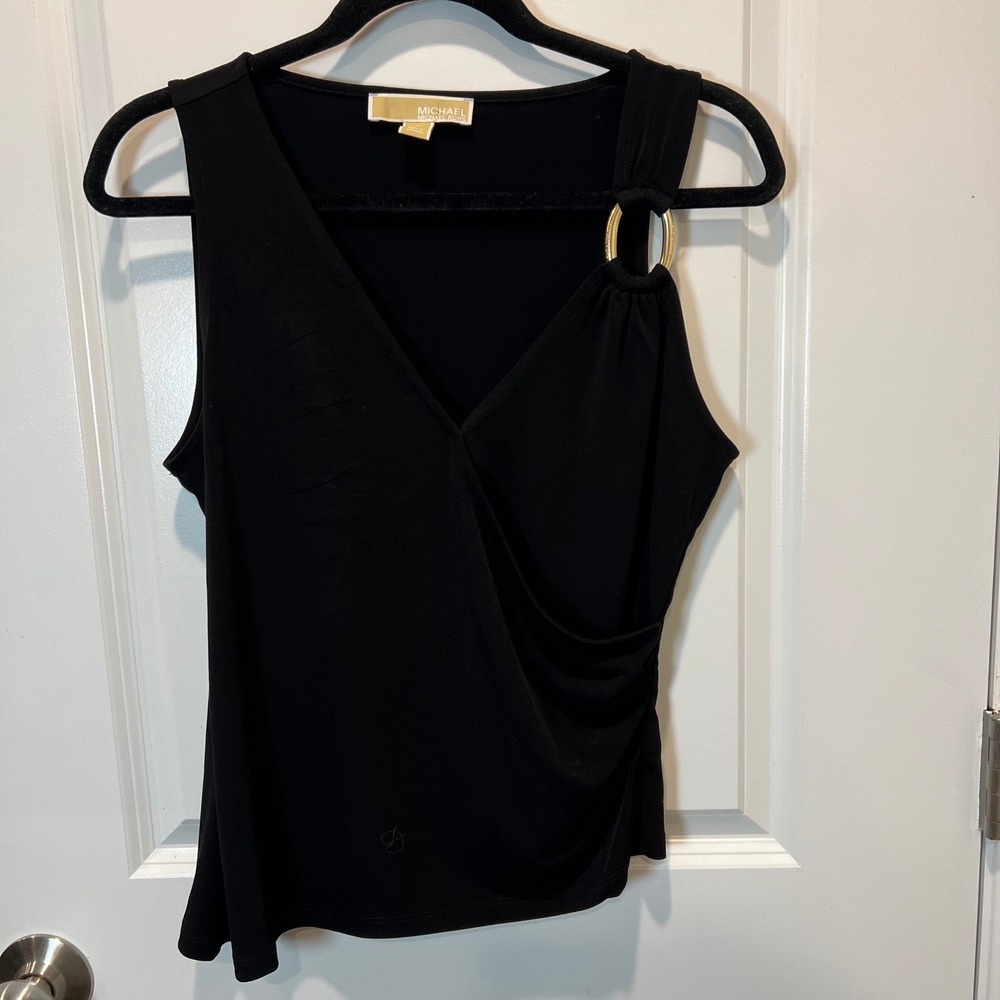 Michael Kors Black Draped Sleeveless Top Gold‎ Ring Detail Stretch M